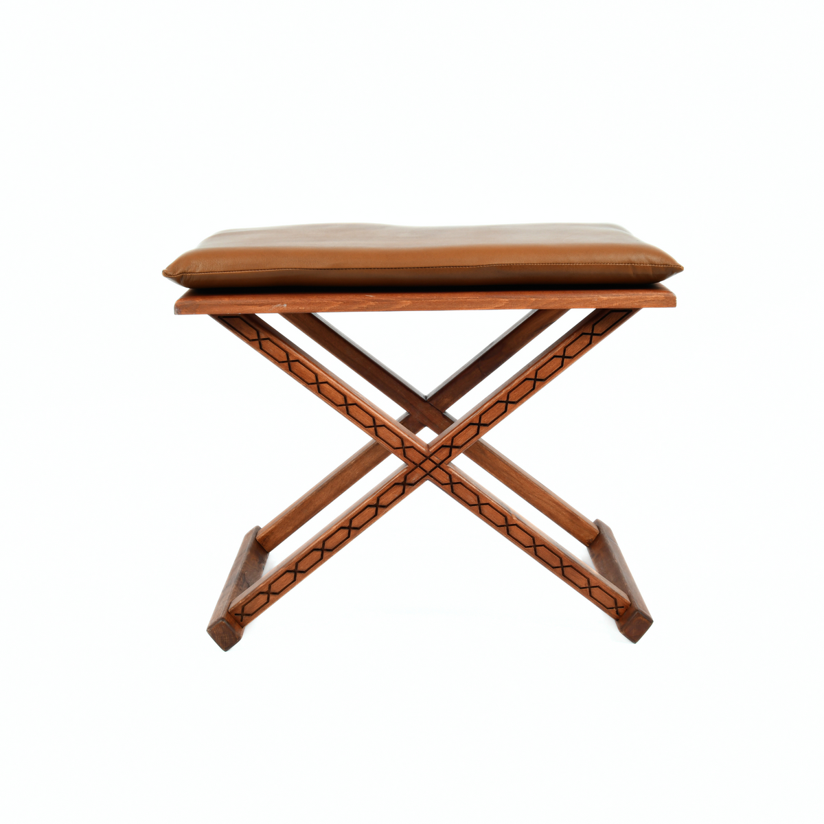 Brown Wooden X Stool with Brown Leather Cushion Side View - LuxoraCraft