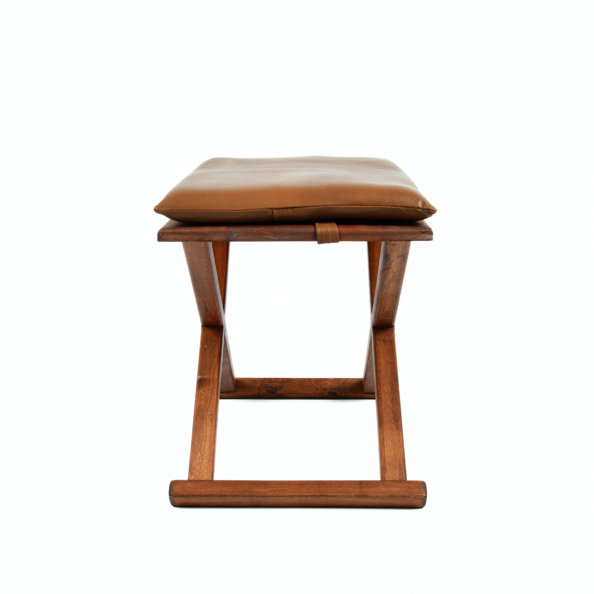 Brown Wooden X Stool with Brown Leather Cushion Front View - LuxoraCraft