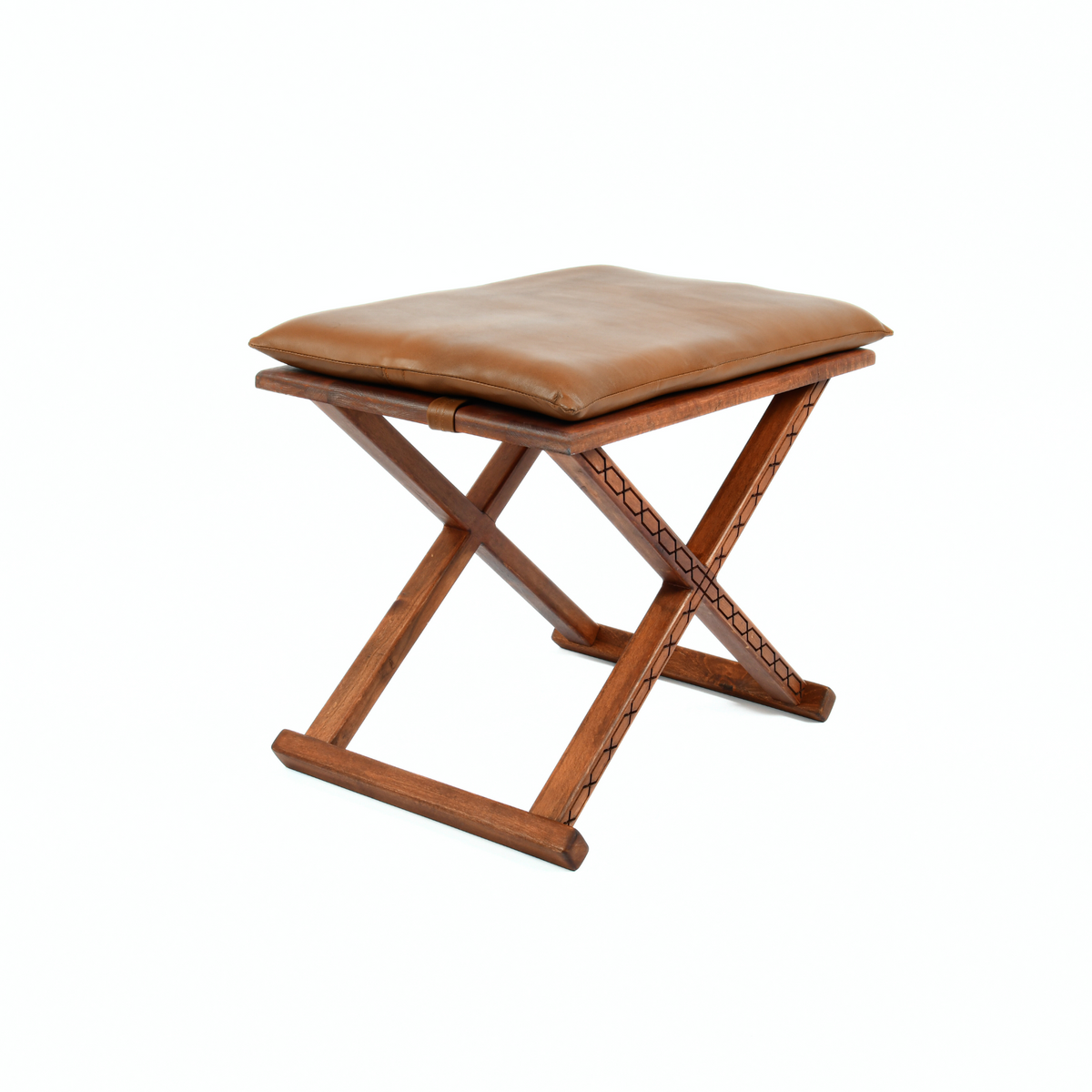 Brown Wooden X Stool with Brown Leather Cushion Angle View - LuxoraCraft