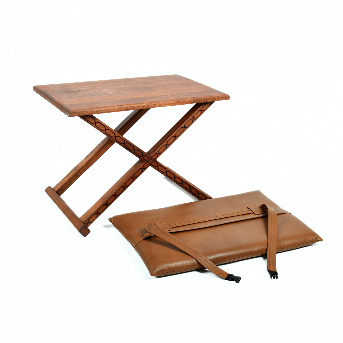 Mid-Century Modern Wood Leather X Stool and Coffee Table Angle View - LuxoraCraft