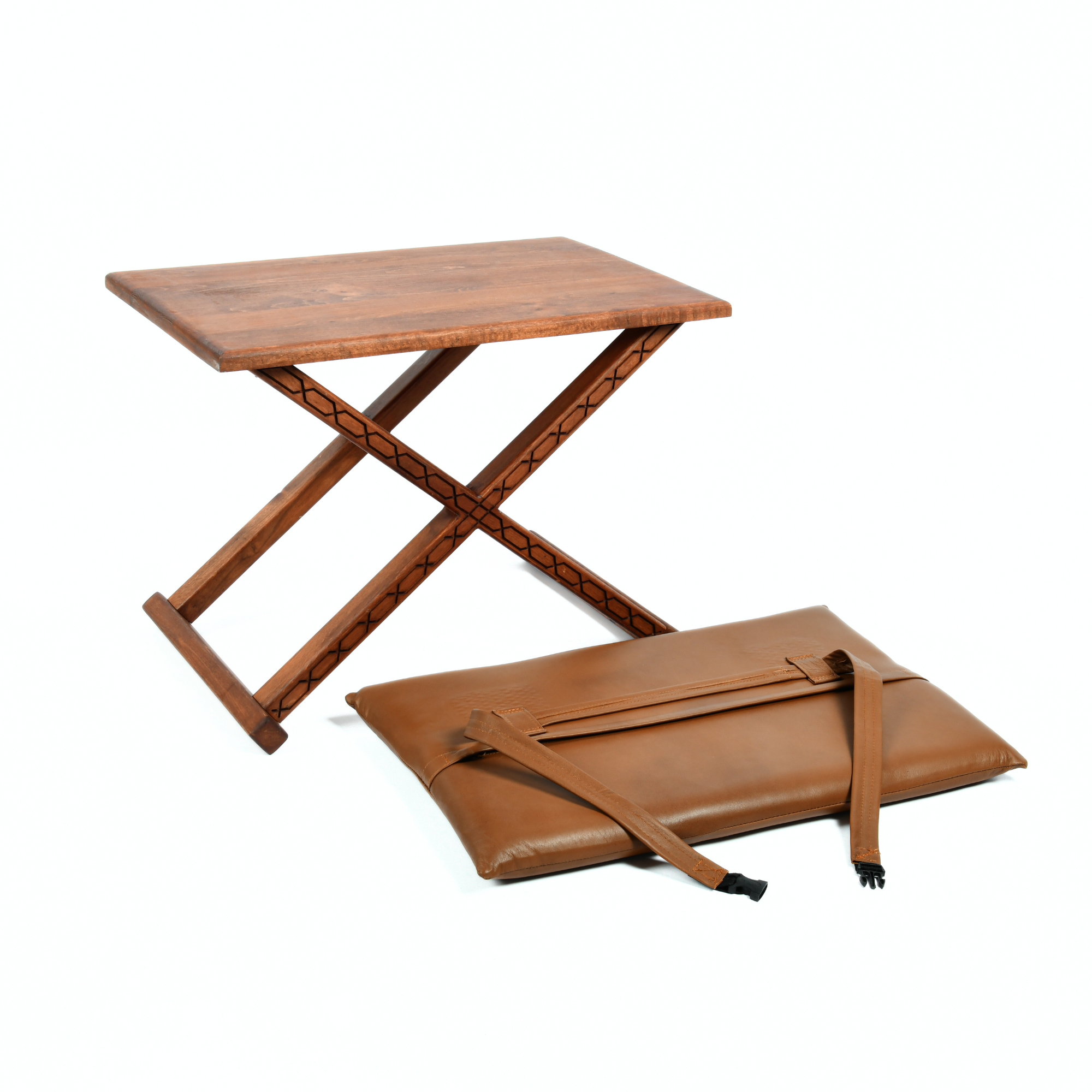 Brown Wooden X Stool with Brown Leather Cushion - LuxoraCraft