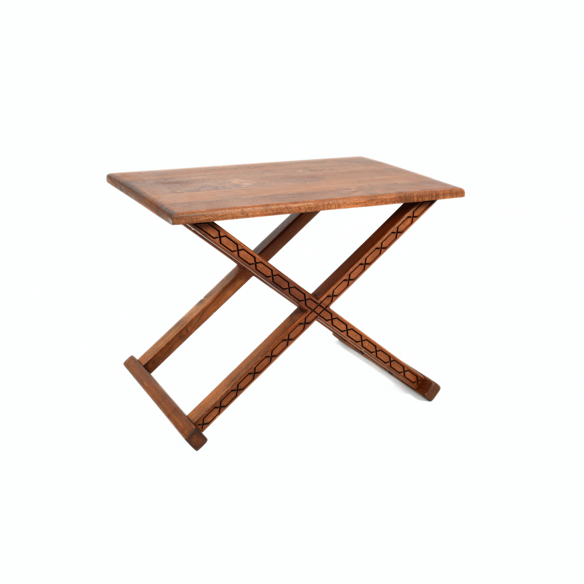 Brown Wooden X Stool with Brown Leather Cushion Detail View - LuxoraCraft