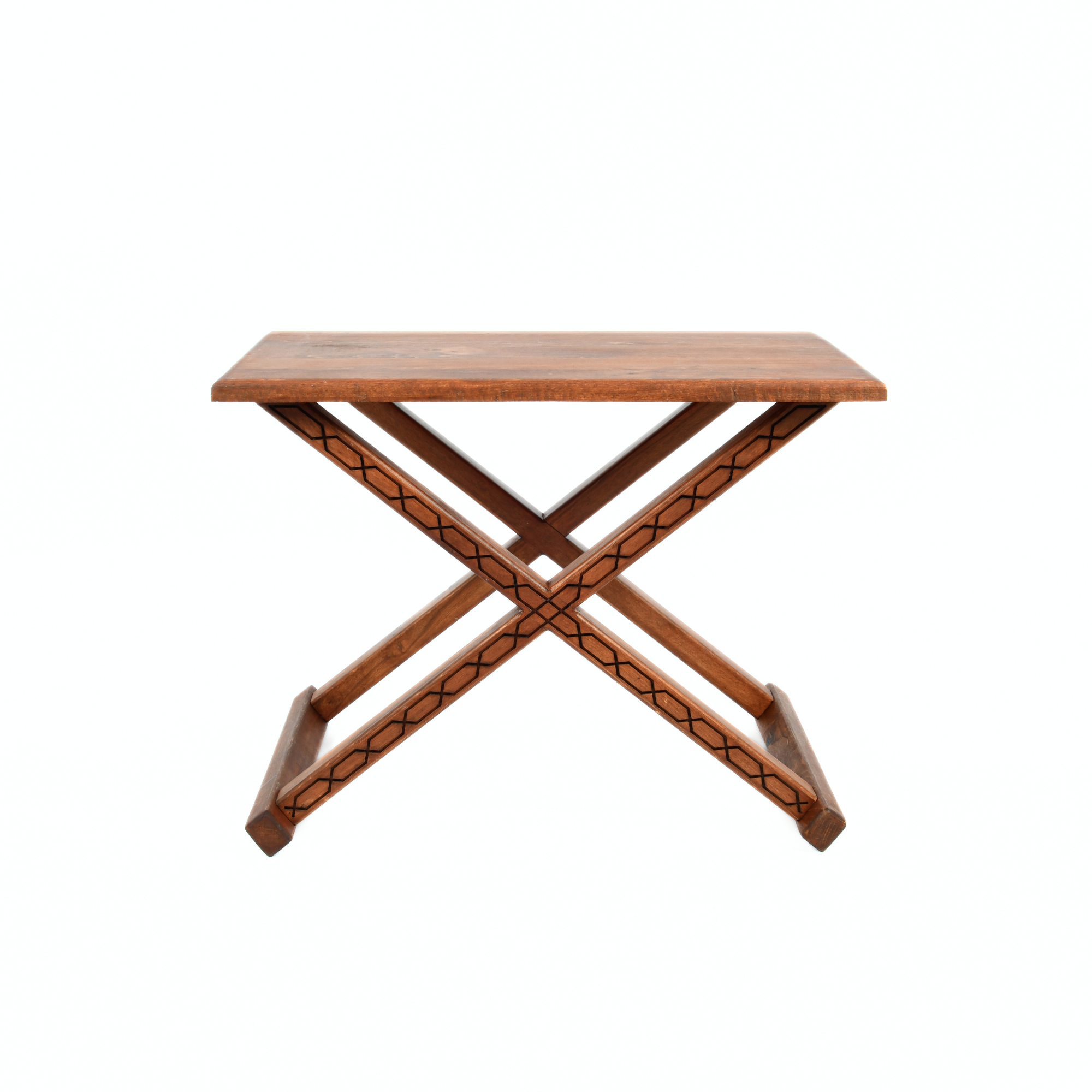 Brown Wooden X Stool with Brown Leather Cushion Close-Up Texture - LuxoraCraft