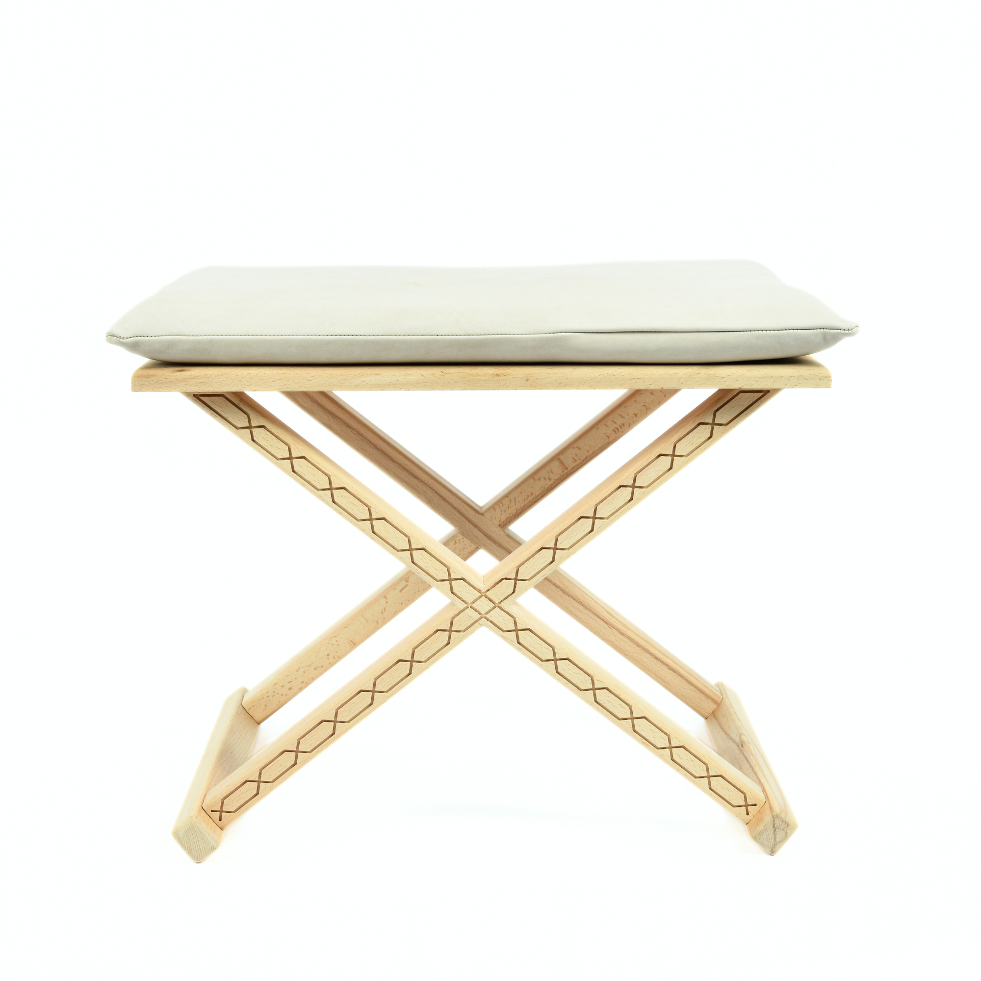 Mid-Century Modern Wood Leather X Stool and Coffee Table Lifestyle Shot - LuxoraCraft