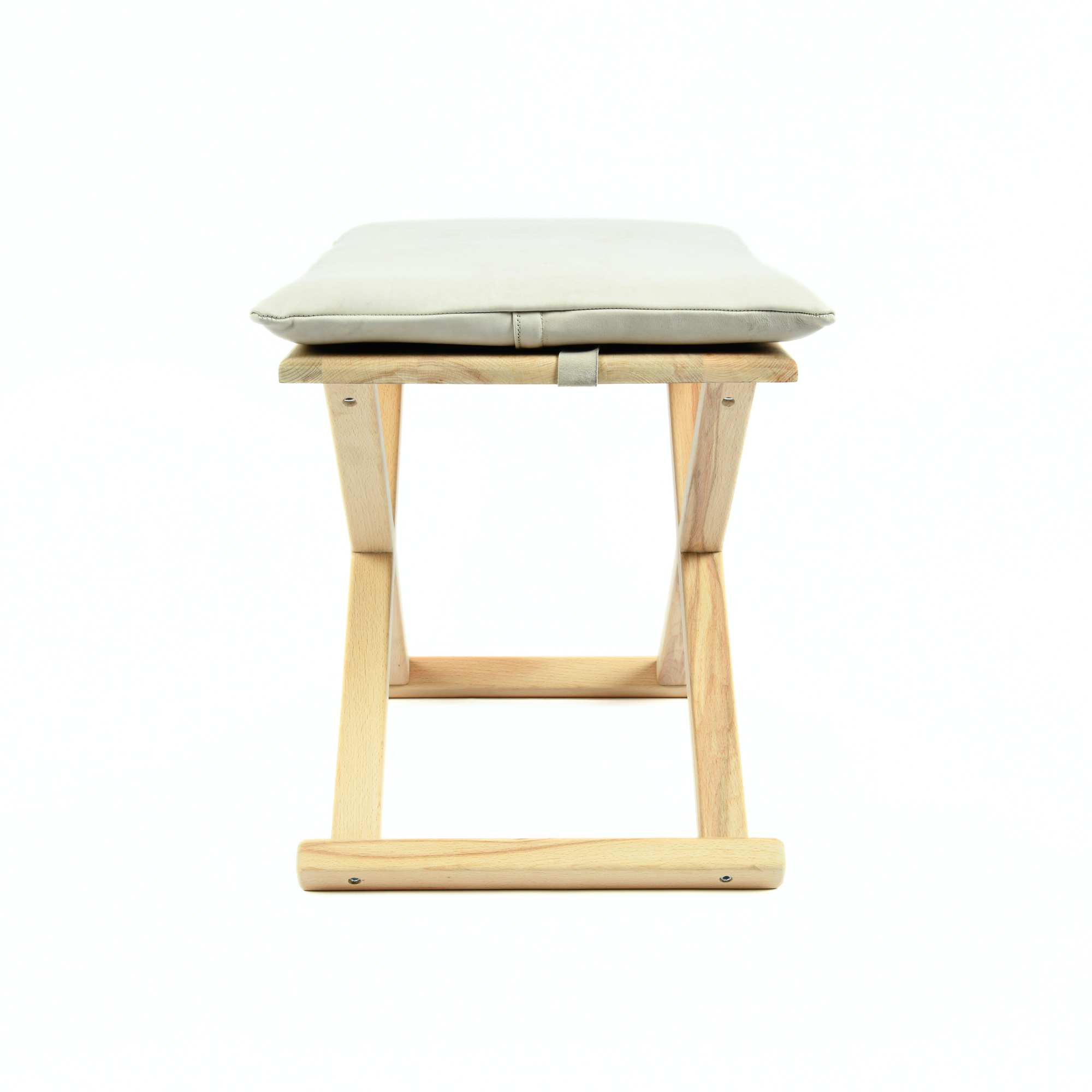 Natural Wood Leather X Stool and Coffee Table 2-in-1 Side View - LuxoraCraft