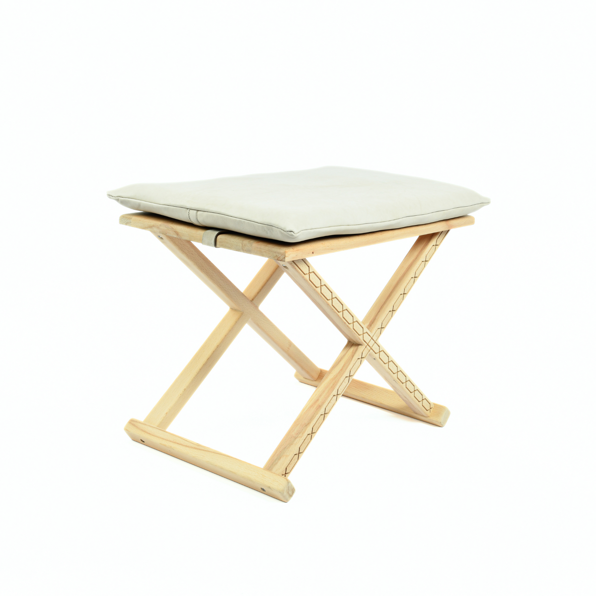 Natural Wood Leather X Stool and Coffee Table 2-in-1 Front View - LuxoraCraft