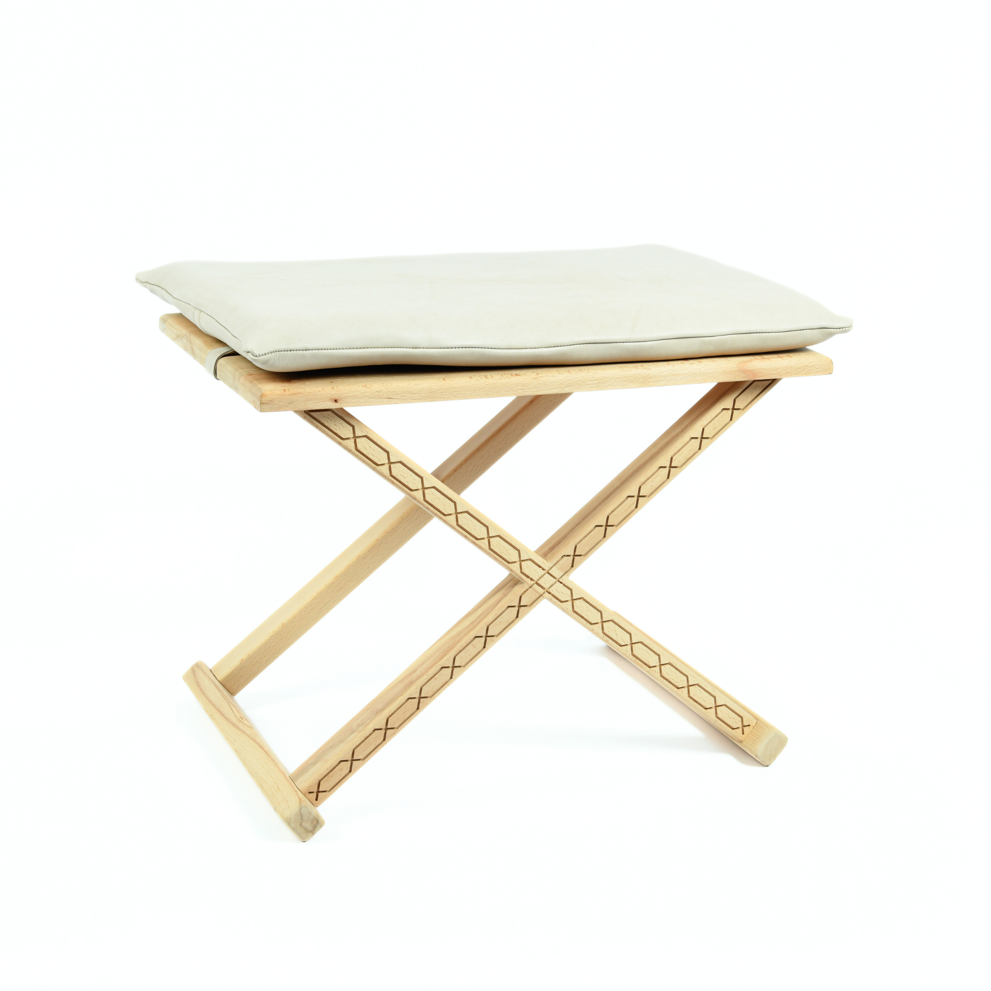 Mid-Century Modern Wood Leather X Stool and Coffee Table Full View - LuxoraCraft