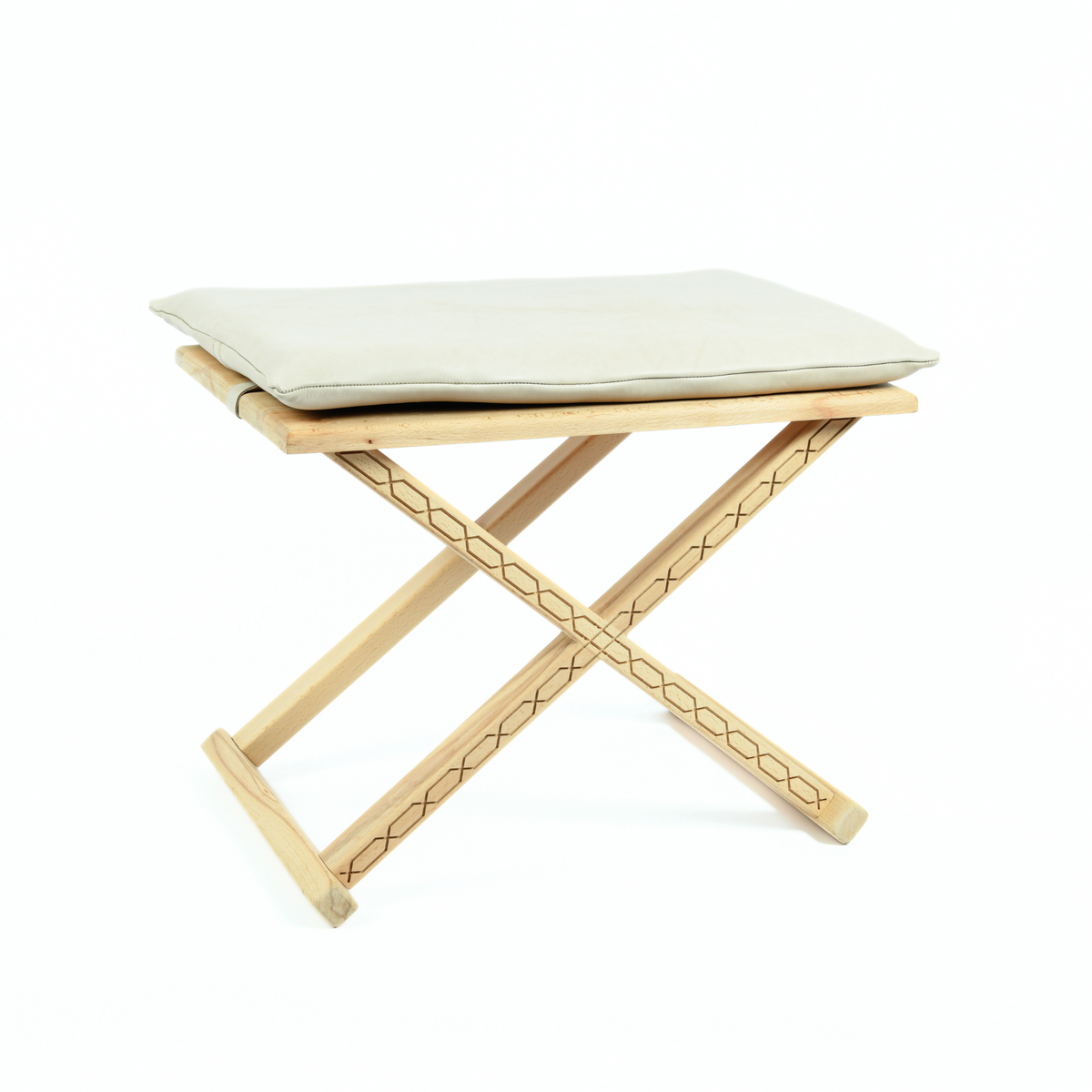 Natural Wood X Stool Coffee Table Detail Leather Design - LuxoraCraft