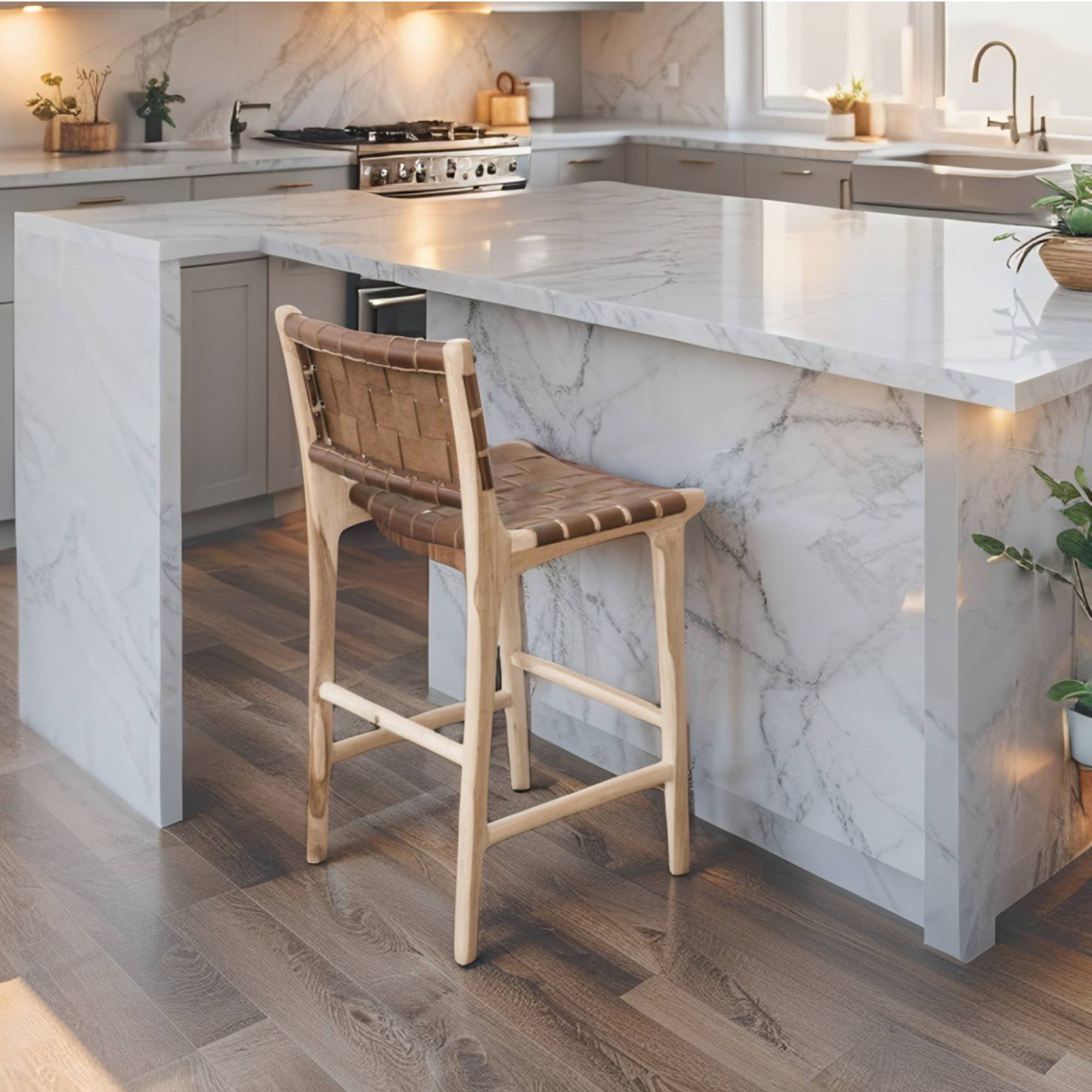 Natural Teak Wood Counter Stool with Dark Brown Leather Strap