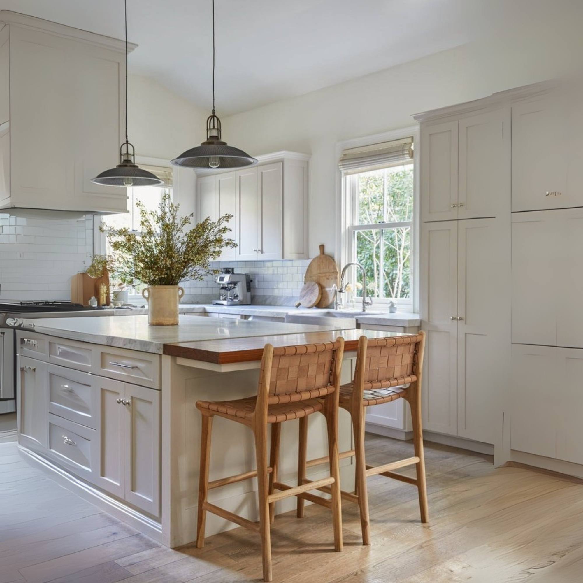 Woven Tan Leather Counter Stool with Natural Teak Wood Frame