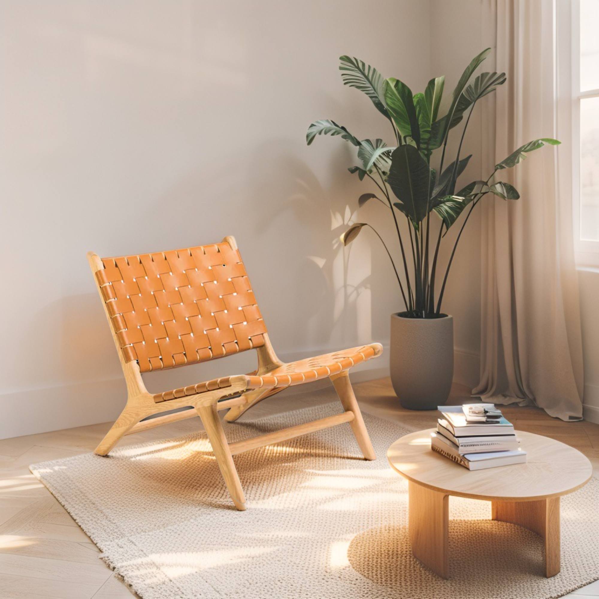 Cognac-Woven Leather Lounge Chair