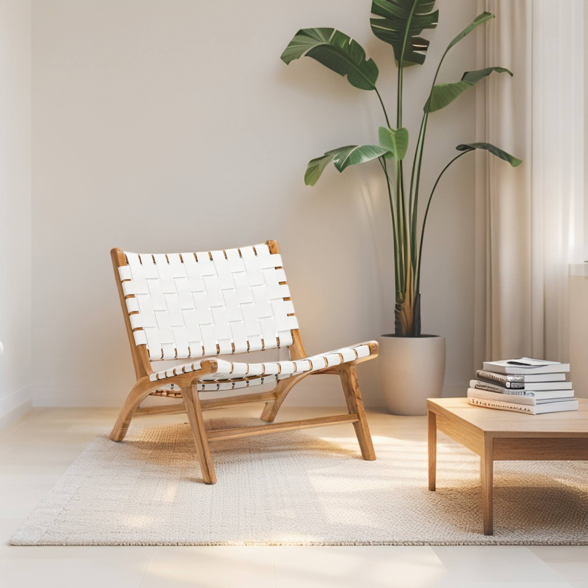 White-Woven Leather Lounge Chair
