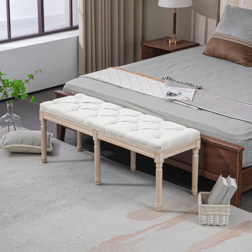 46-Inch Cream White Tufted Linen Bedroom Bench Side View - LuxoraCraft