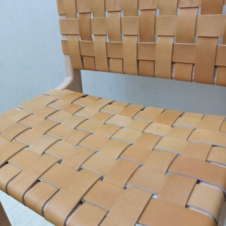 Natural Teak Wood Counter Stool with Beige Woven Leather Straps