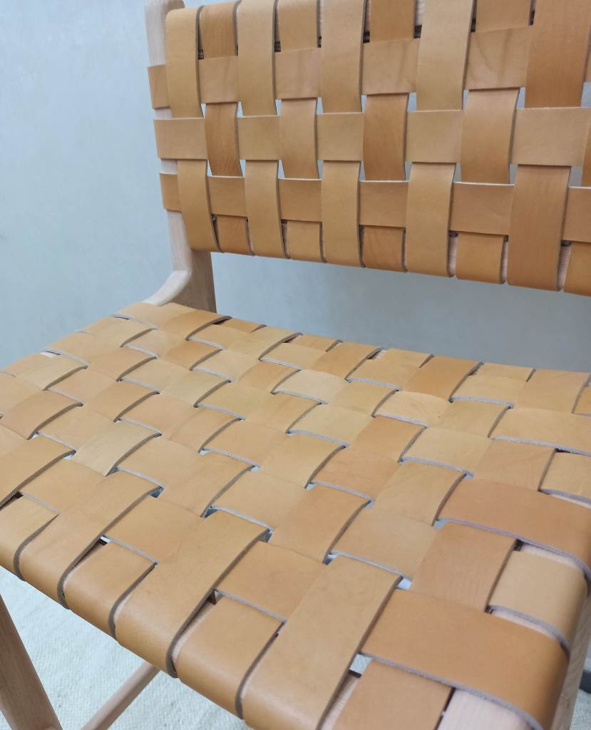 Natural Teak Wood Counter Stool with Beige Woven Leather Straps