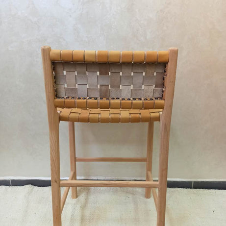Natural Teak Wood Counter Stool with Beige Woven Leather Straps