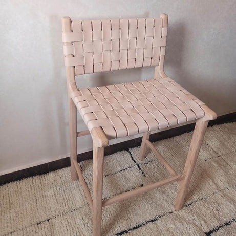 Natural Teak Wood Counter Stool with Genuine Natural Leather Seat