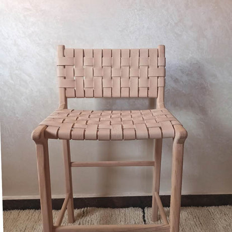 Natural Teak Wood Counter Stool with Genuine Natural Leather Seat