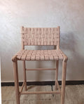 Natural Teak Wood Counter Stool Genuine Natural Leather Seat - LuxoraCraft