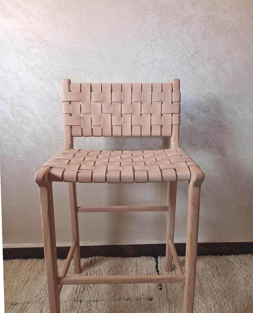 Natural Teak Wood Counter Stool Genuine Natural Leather Seat - LuxoraCraft