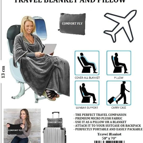Comfort Fly Travel Blanket & Pillow" 2-in-1 Micro Plush Airplane Blanket with Carry Case (40" x 70")