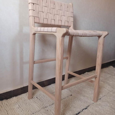 Natural Teak Wood Counter Stool with Genuine Natural Leather Seat