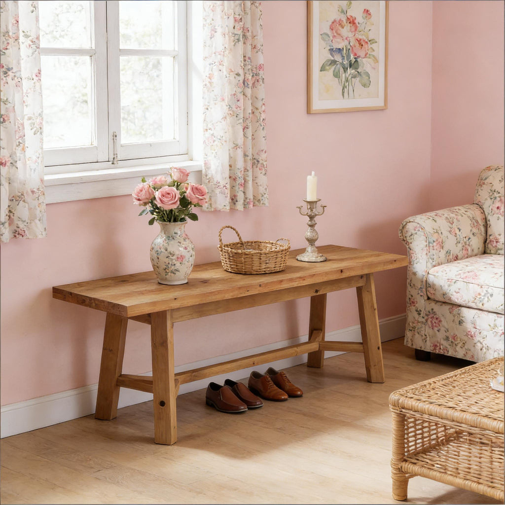 55-Inch Solid Wood Farmhouse Bench Angle View - LuxoraCraft