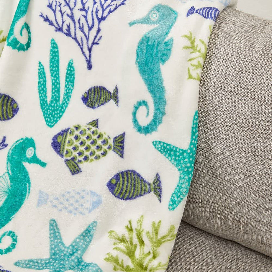 Decor&More Corales de Marina Blue Coral Seahorse Oceanic Microplush Throw Blanket Ocean Blanket for Boys and Girls and Kids of Any Age (50" x 60")