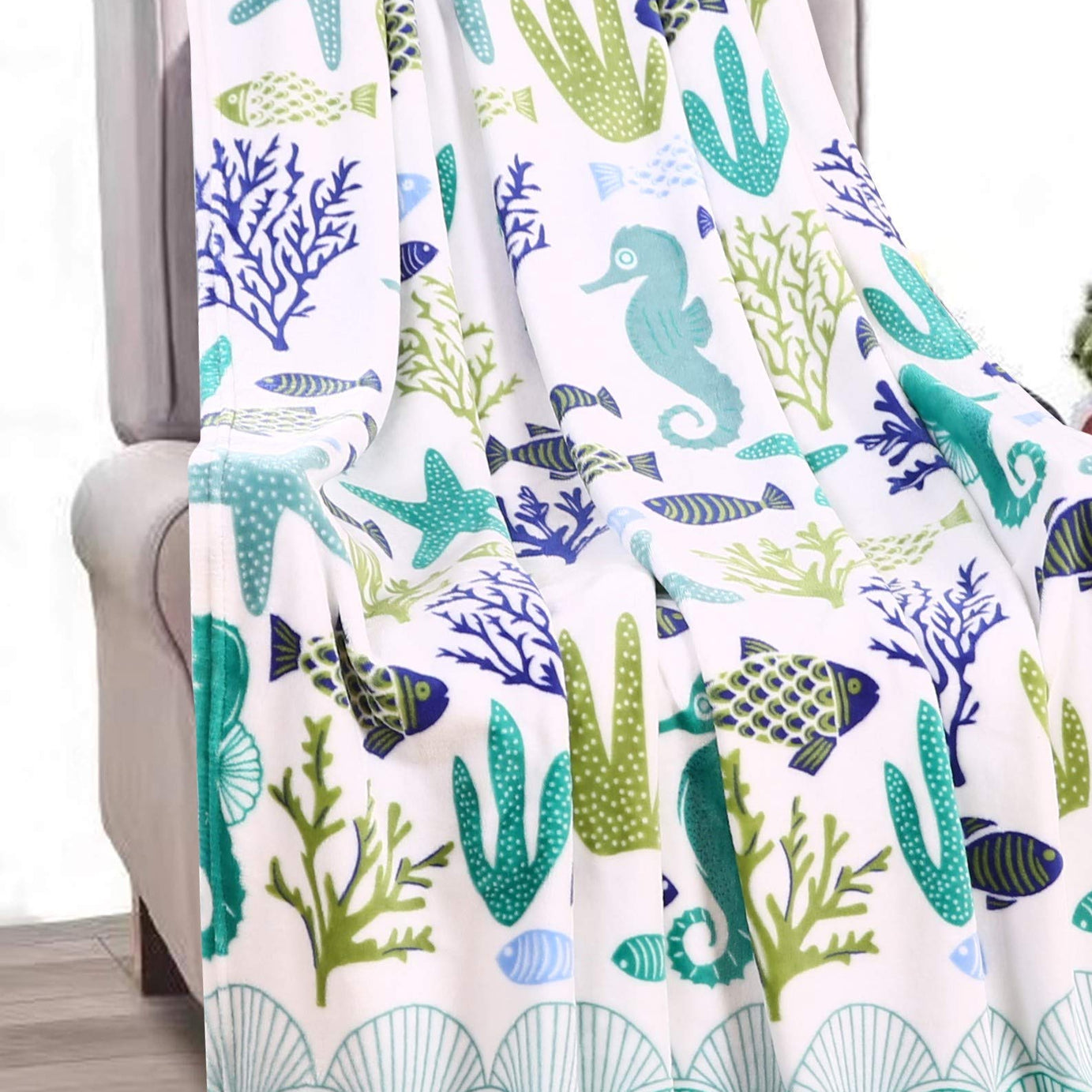 Decor&More Corales de Marina Blue Coral Seahorse Oceanic Microplush Throw Blanket Ocean Blanket for Boys and Girls and Kids of Any Age (50" x 60")