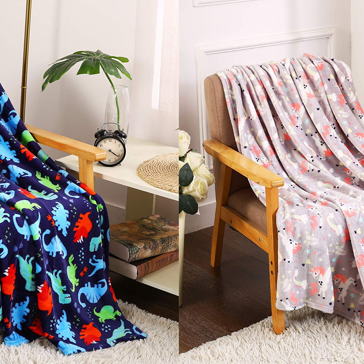 Decor&More Boy's and Girl's Set of 2 Plush Fleece Throw Blanket (50" x 60") - Dinos and Unicorns