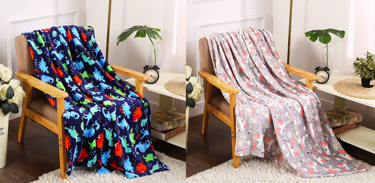 Decor&More Boy's and Girl's Set of 2 Plush Fleece Throw Blanket (50" x 60") - Dinos and Unicorns Faith-Hope-Love-Home-Decor