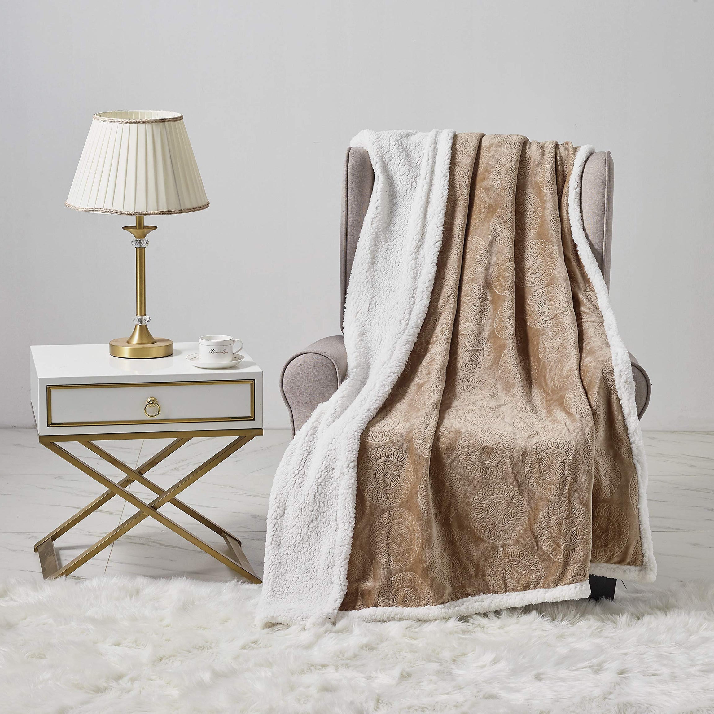 Decor&More Bon Iver Collection Extra Soft Mandala Embossed Microplush Throw Blanket with Sherpa Backing (50" x 60")