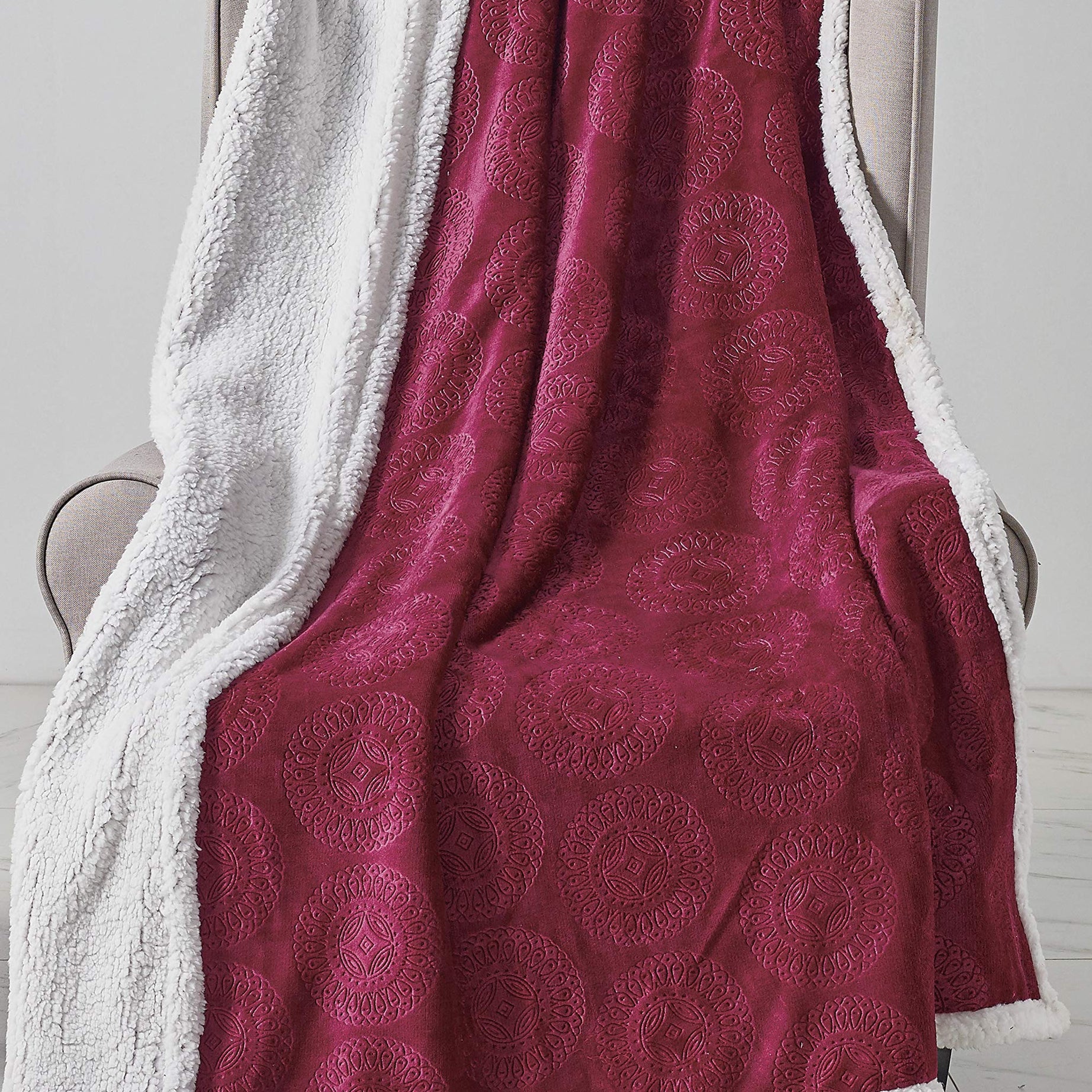 Decor&More Bon Iver Collection Extra Soft Mandala Embossed Microplush Throw Blanket with Sherpa Backing (50" x 60")