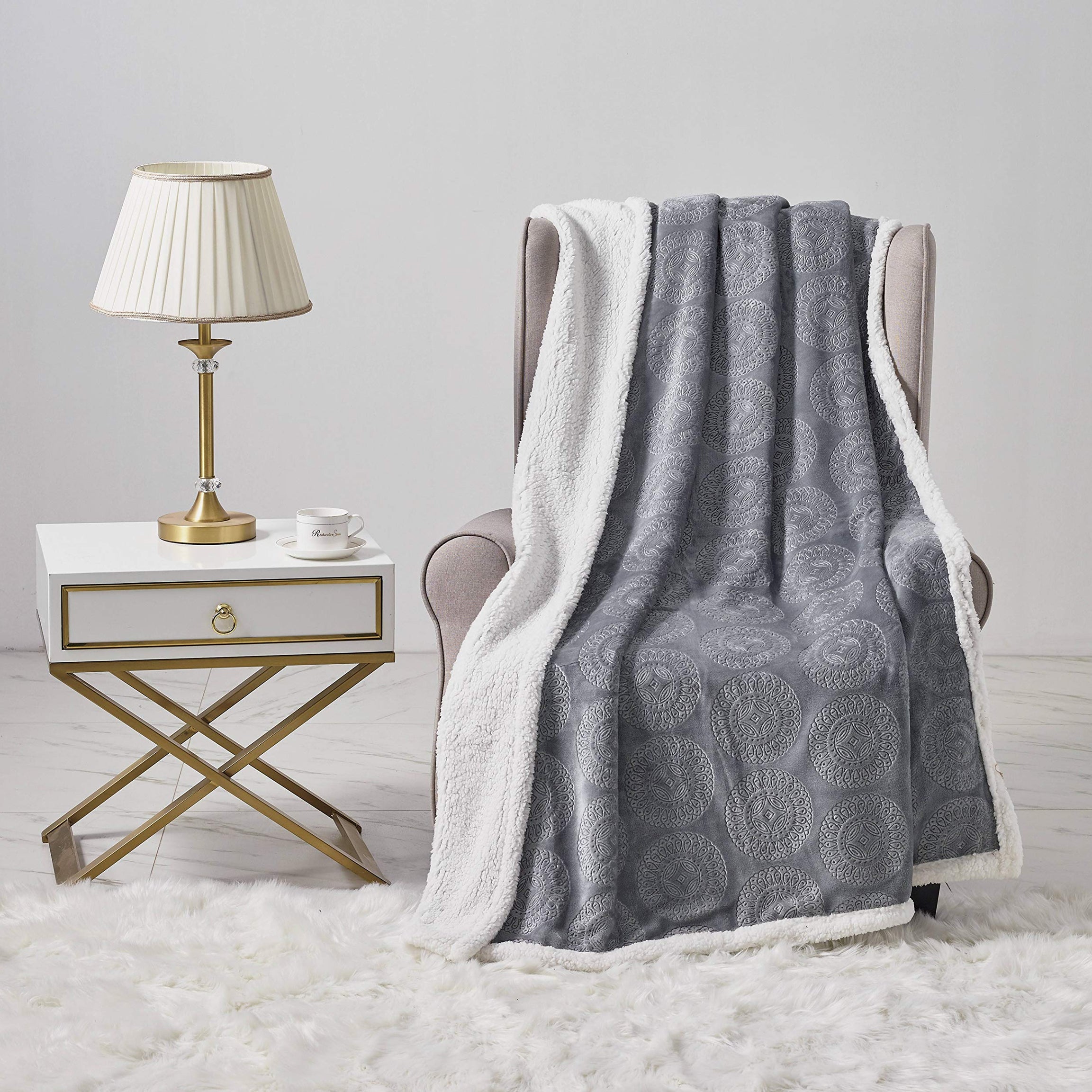 Decor&More Bon Iver Collection Extra Soft Mandala Embossed Microplush Throw Blanket with Sherpa Backing (50" x 60")
