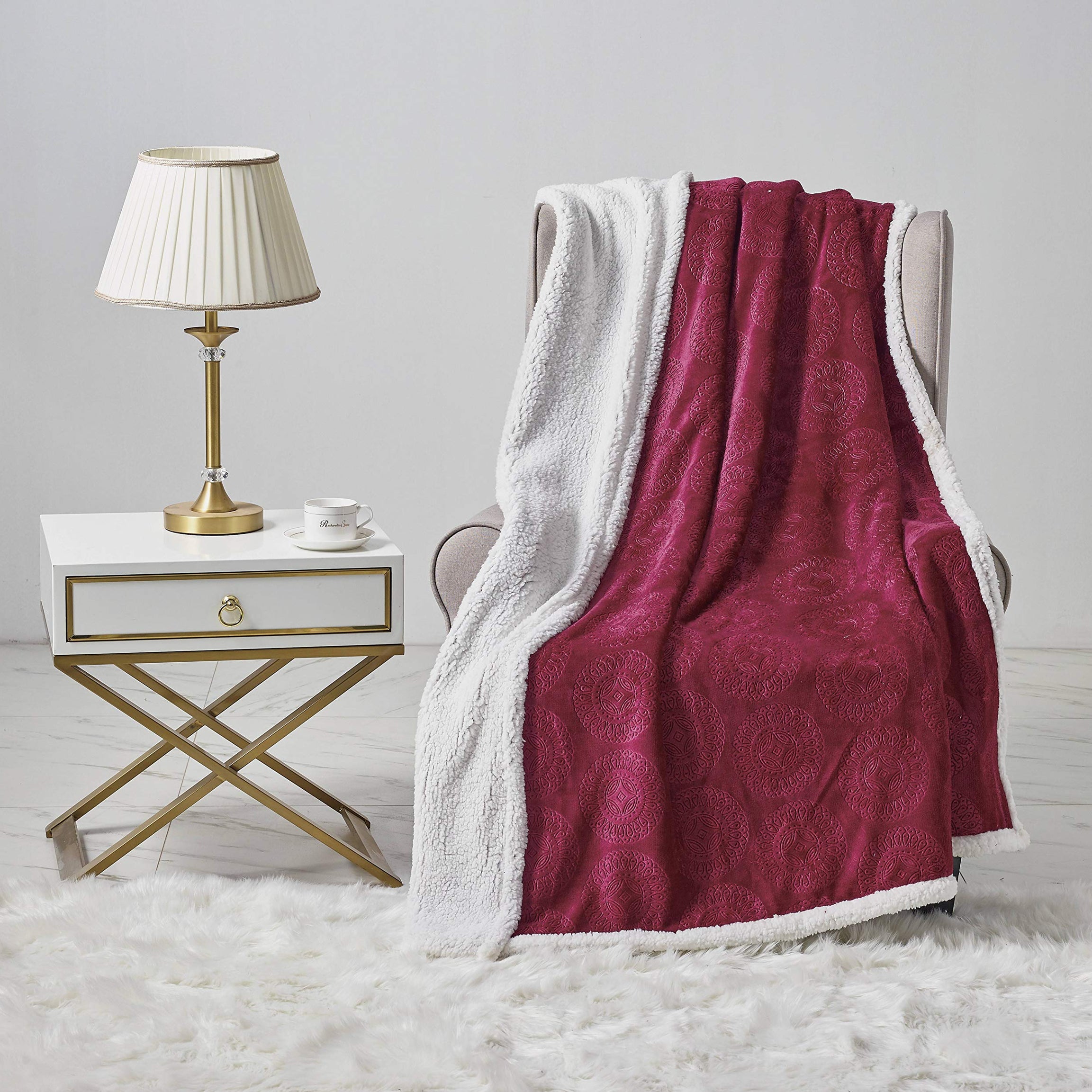 Decor&More Bon Iver Collection Extra Soft Mandala Embossed Microplush Throw Blanket with Sherpa Backing (50" x 60")