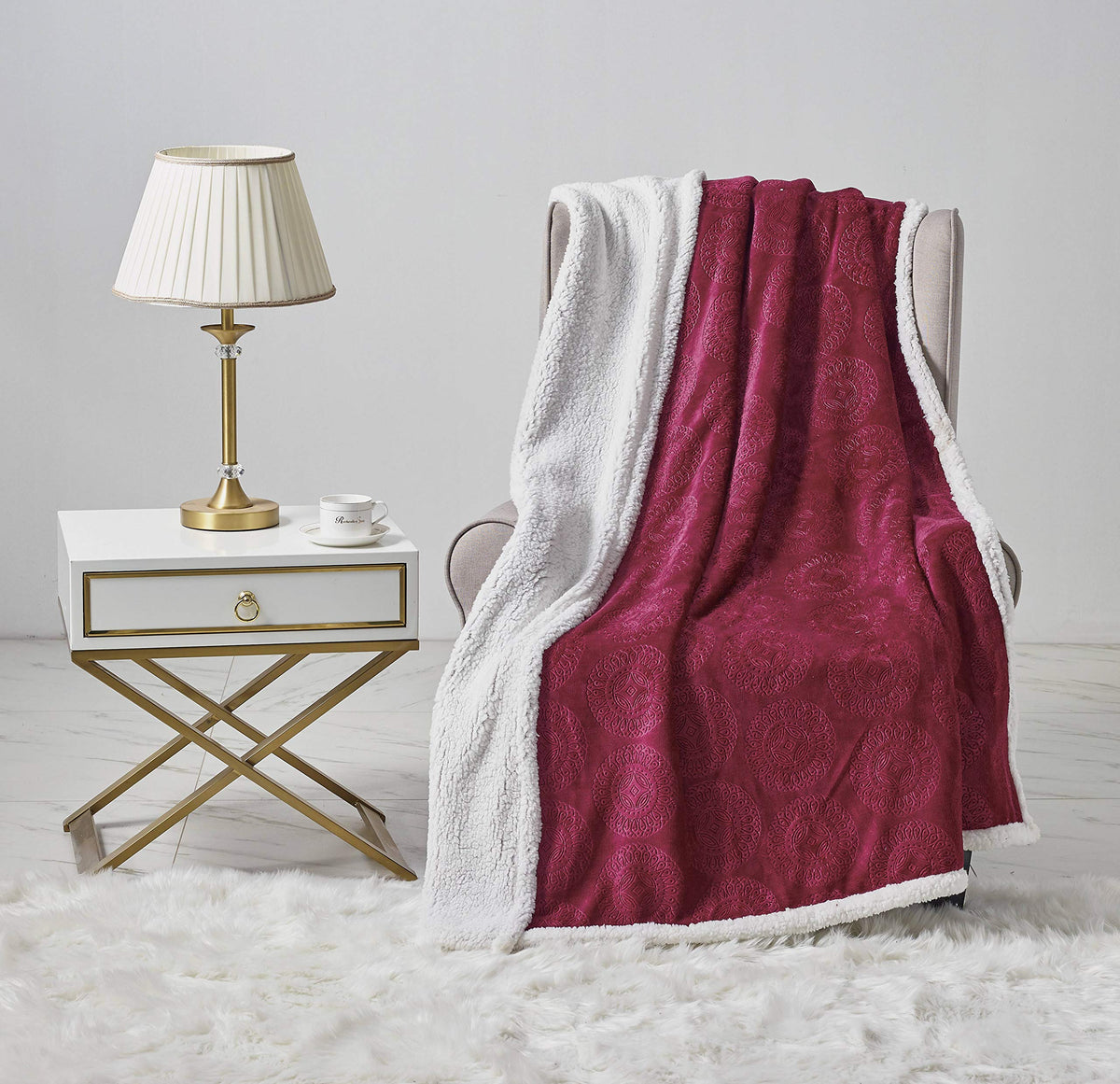 Decor&More Bon Iver Collection Extra Soft Mandala Embossed Microplush Throw Blanket with Sherpa Backing (50" x 60") Faith-Hope-Love-Home-Decor