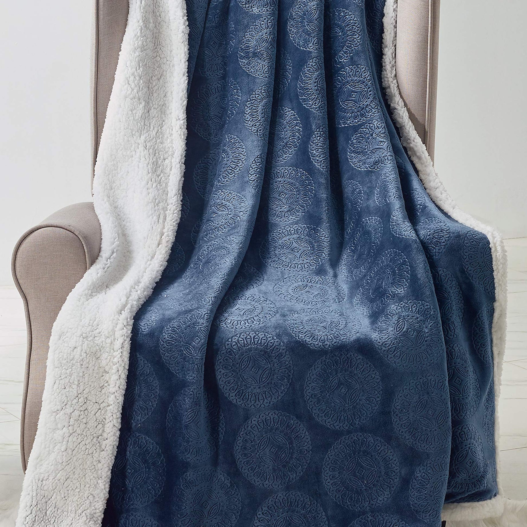Decor&More Bon Iver Collection Extra Soft Mandala Embossed Microplush Throw Blanket with Sherpa Backing (50" x 60")