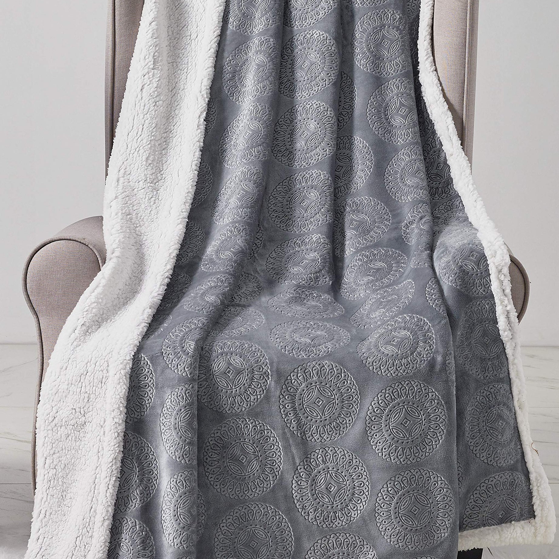 Decor&More Bon Iver Collection Extra Soft Mandala Embossed Microplush Throw Blanket with Sherpa Backing (50" x 60")