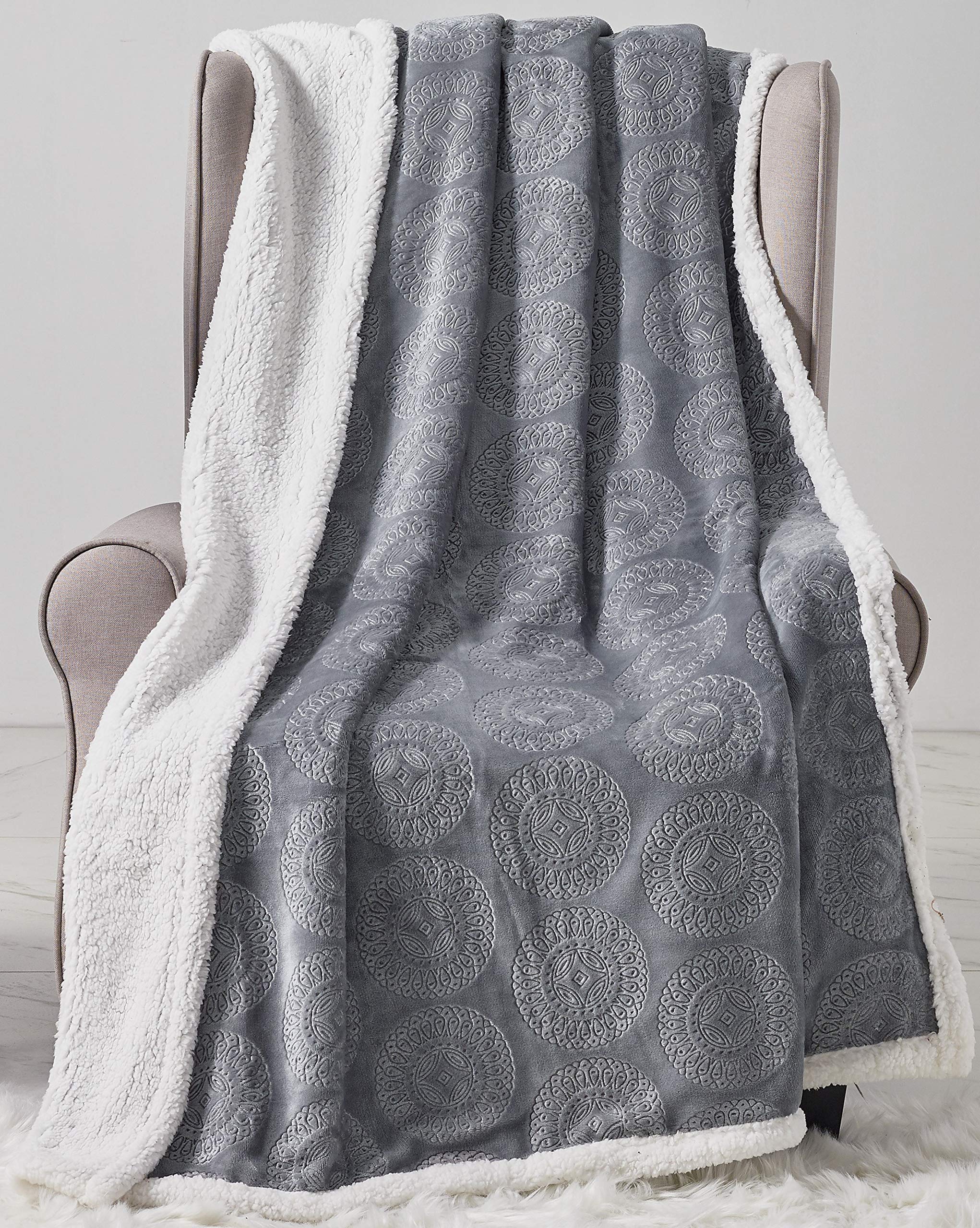 Decor&More Bon Iver Collection Extra Soft Mandala Embossed Microplush Throw Blanket with Sherpa Backing (50" x 60")