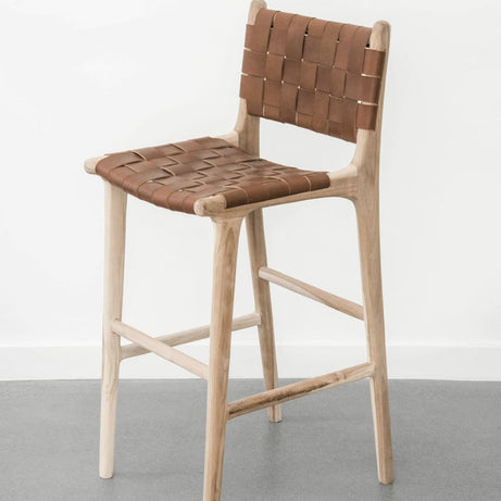 Natural Teak Wood Counter Stool with Dark Brown Leather Strap
