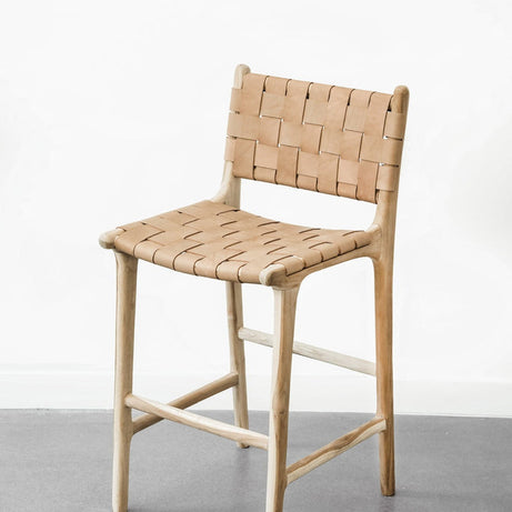 Woven Tan Leather Counter Stool with Natural Teak Wood Frame