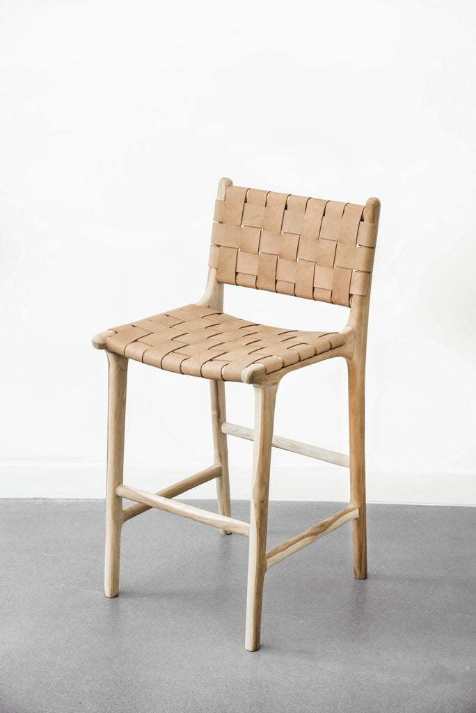 Woven Tan Leather Counter Stool with Natural Teak Wood Frame
