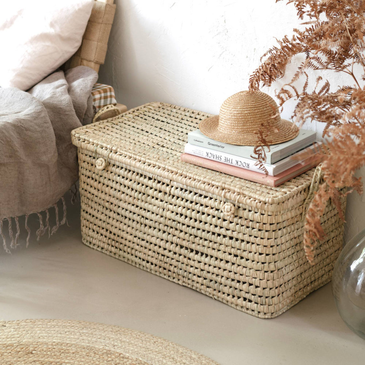 Palm Leaf Storage Trunk Detail Natural Woven Material - LuxoraCraft