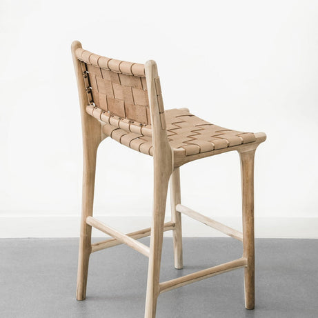 Woven Tan Leather Counter Stool with Natural Teak Wood Frame