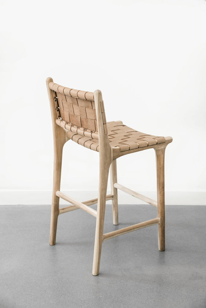 Woven Tan Leather Counter Stool with Natural Teak Wood Frame