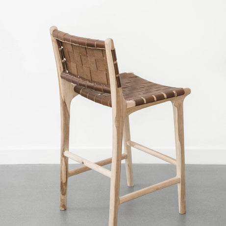 Natural Teak Wood Counter Stool with Dark Brown Leather Strap