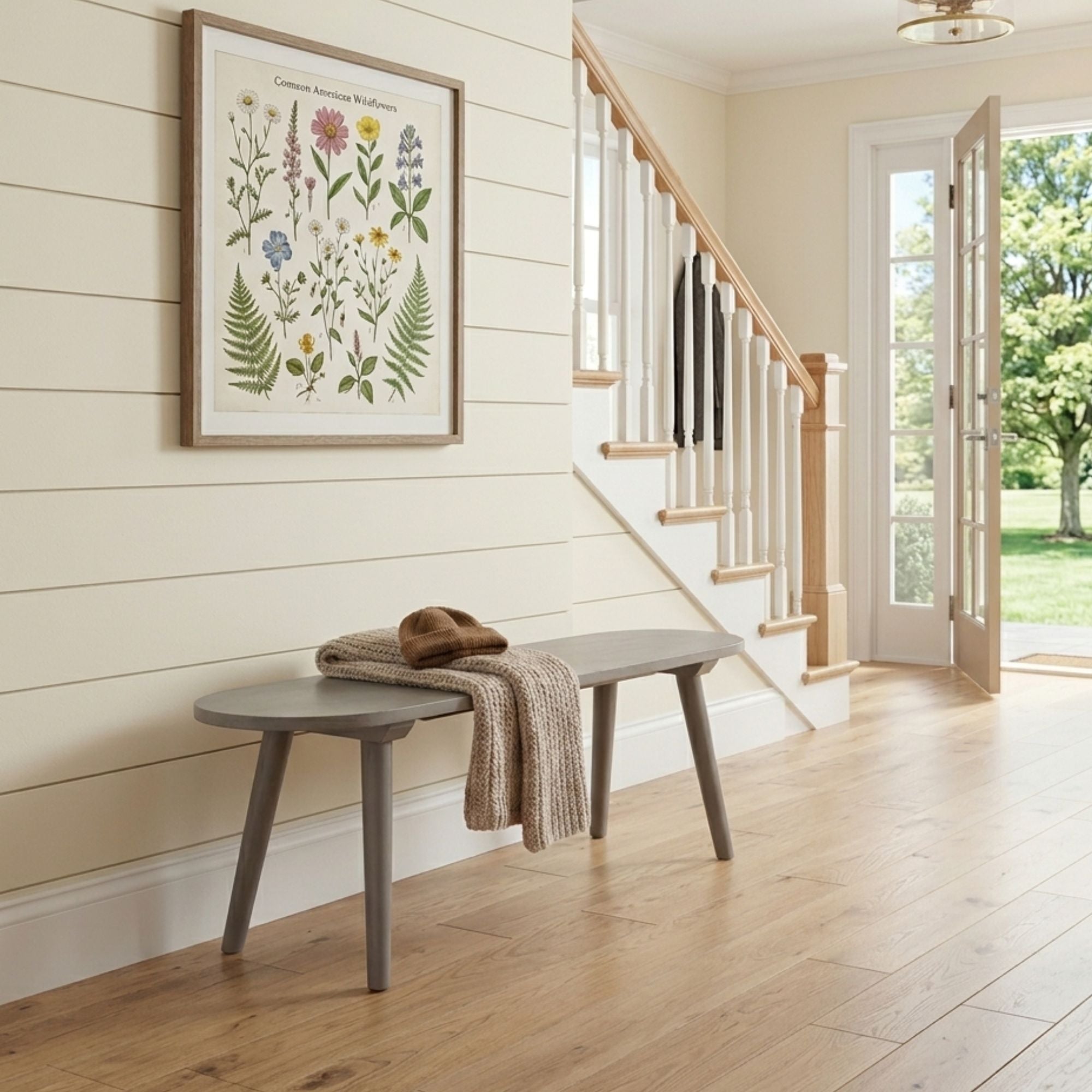 43 Inch Farmhouse Gray Wooden Dining Bench for 2 People