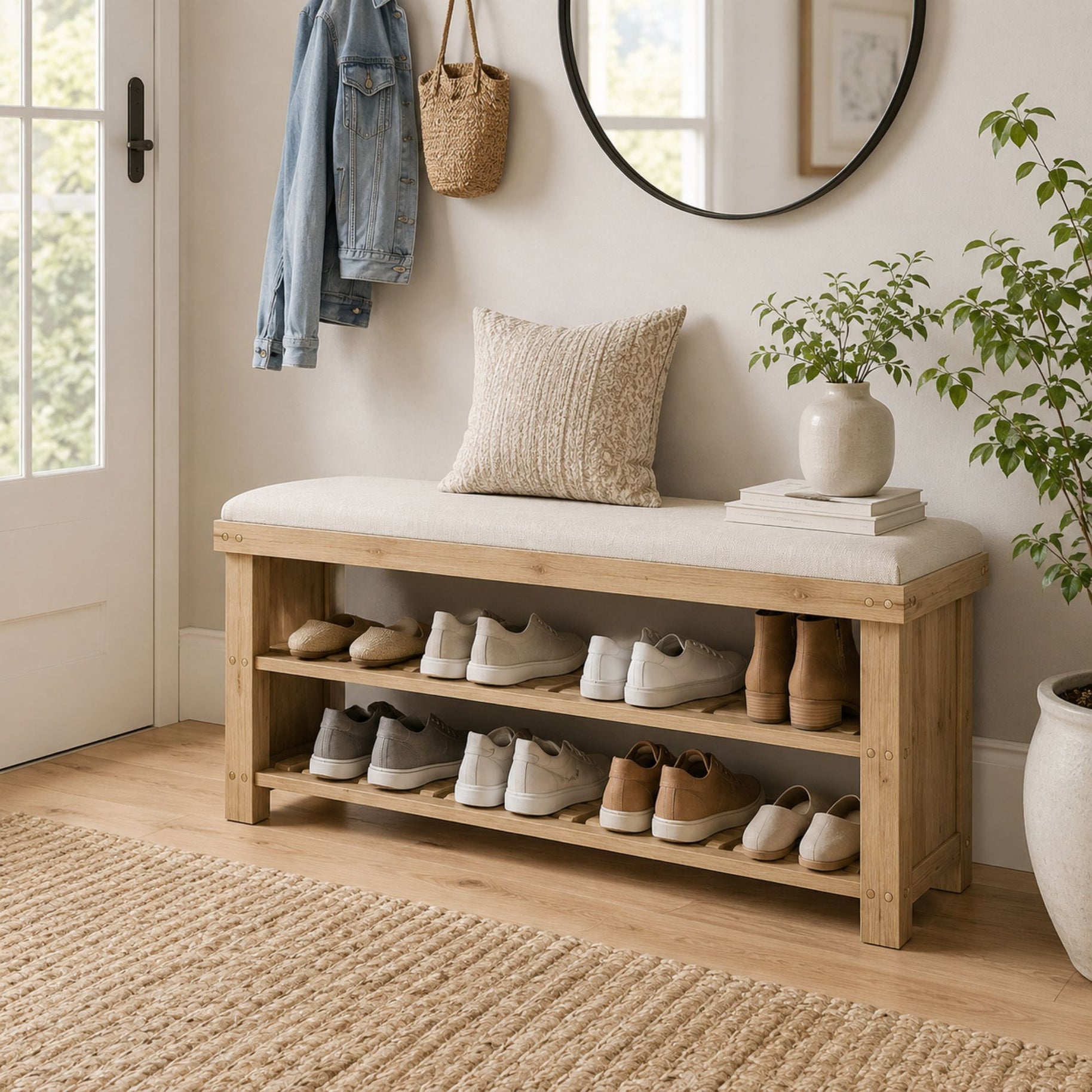 Cream White 3-Tier Bamboo Shoe Storage Bench - LuxoraCraft