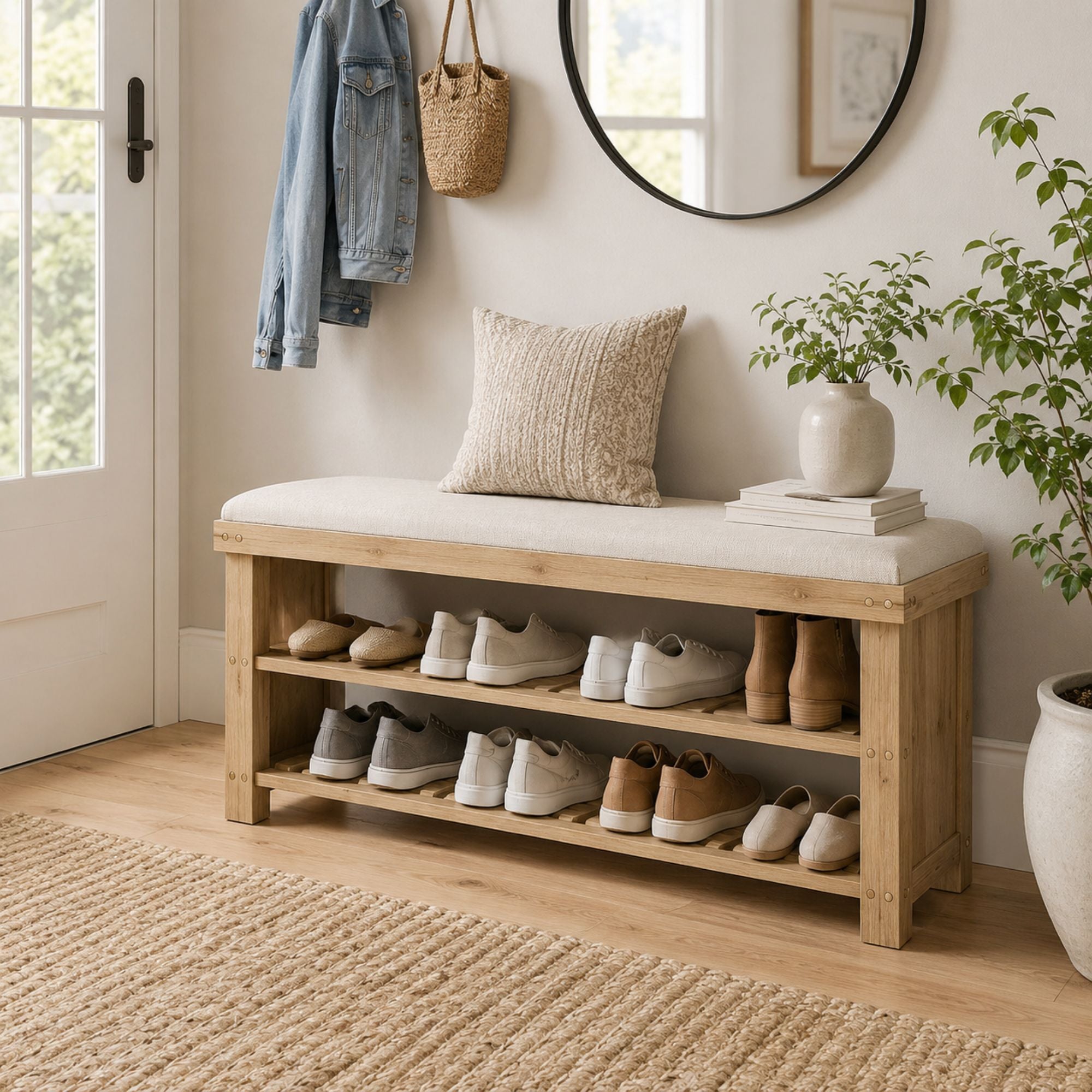 Bamboo Shoe Storage Bench, 3-Tier Entryway Bench with Cushion, Shoe Organizer for Entryway, Hallway, Cream White
