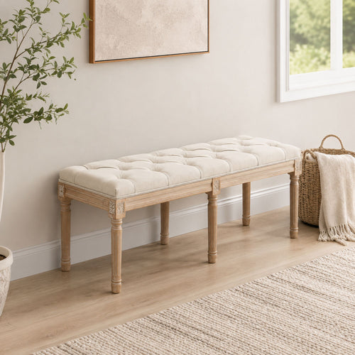 46-Inch Cream White Tufted Linen Bedroom Bench - LuxoraCraft